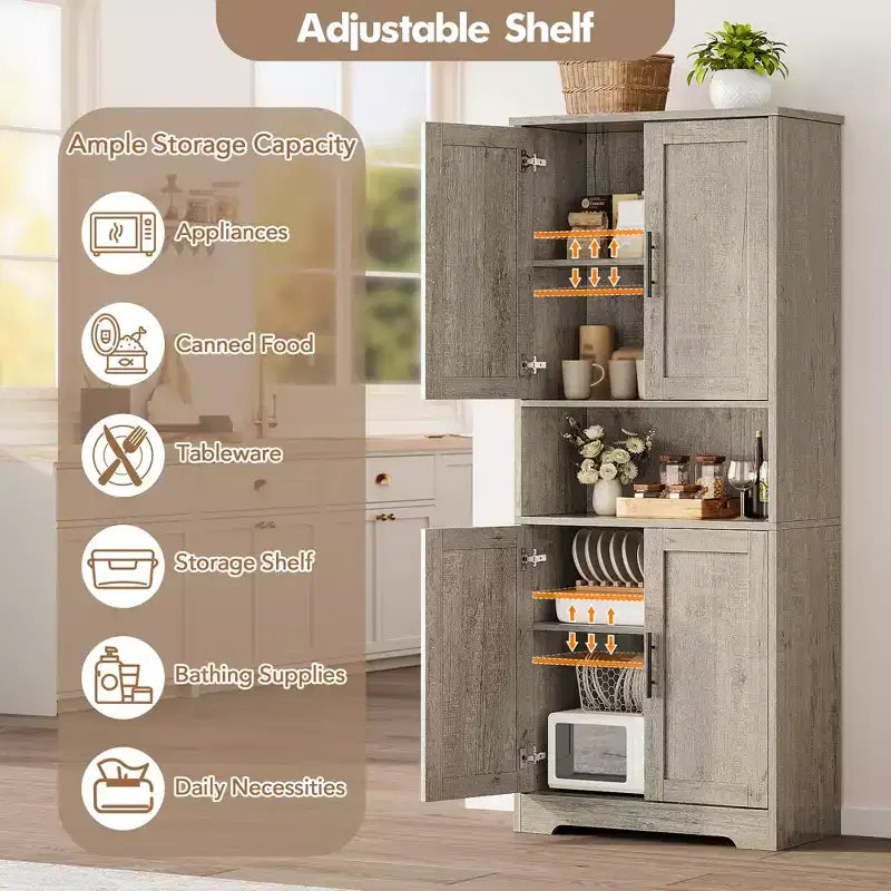 70in Tall Kitchen Pantry Cabinet, Freestanding Storage Cabinet with 4 Doors and Adjustable Shelves, Large Utility Wooden Coffee Bar Cabinet
