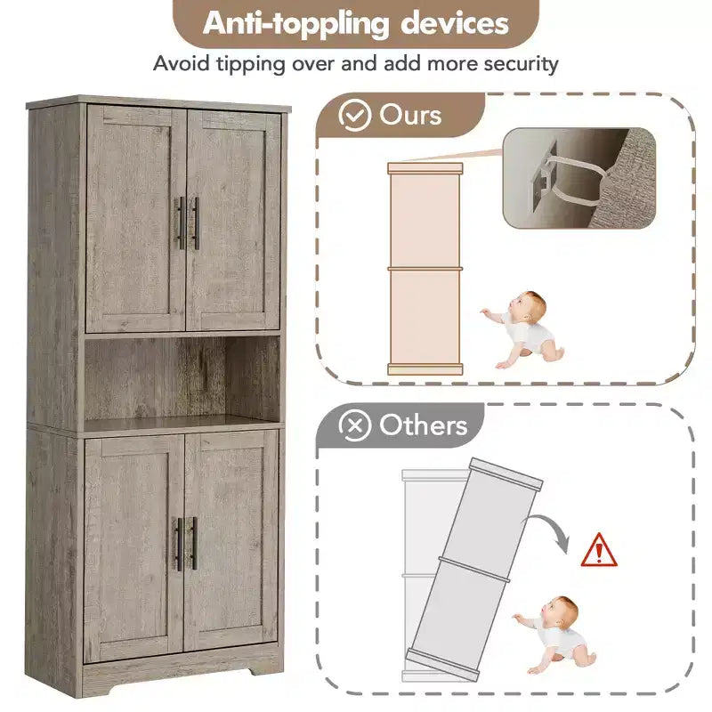 70in Tall Kitchen Pantry Cabinet, Freestanding Storage Cabinet with 4 Doors and Adjustable Shelves, Large Utility Wooden Coffee Bar Cabinet