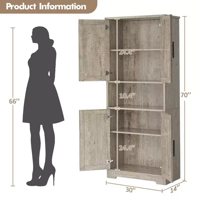 70in Tall Kitchen Pantry Cabinet, Freestanding Storage Cabinet with 4 Doors and Adjustable Shelves, Large Utility Wooden Coffee Bar Cabinet
