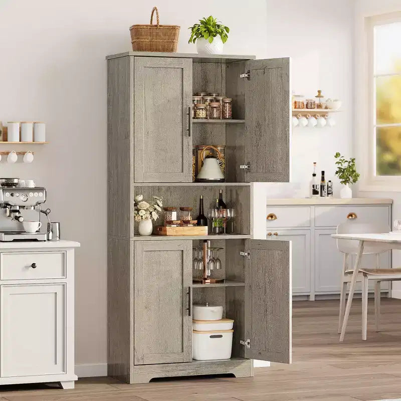 70in Tall Kitchen Pantry Cabinet, Freestanding Storage Cabinet with 4 Doors and Adjustable Shelves, Large Utility Wooden Coffee Bar Cabinet