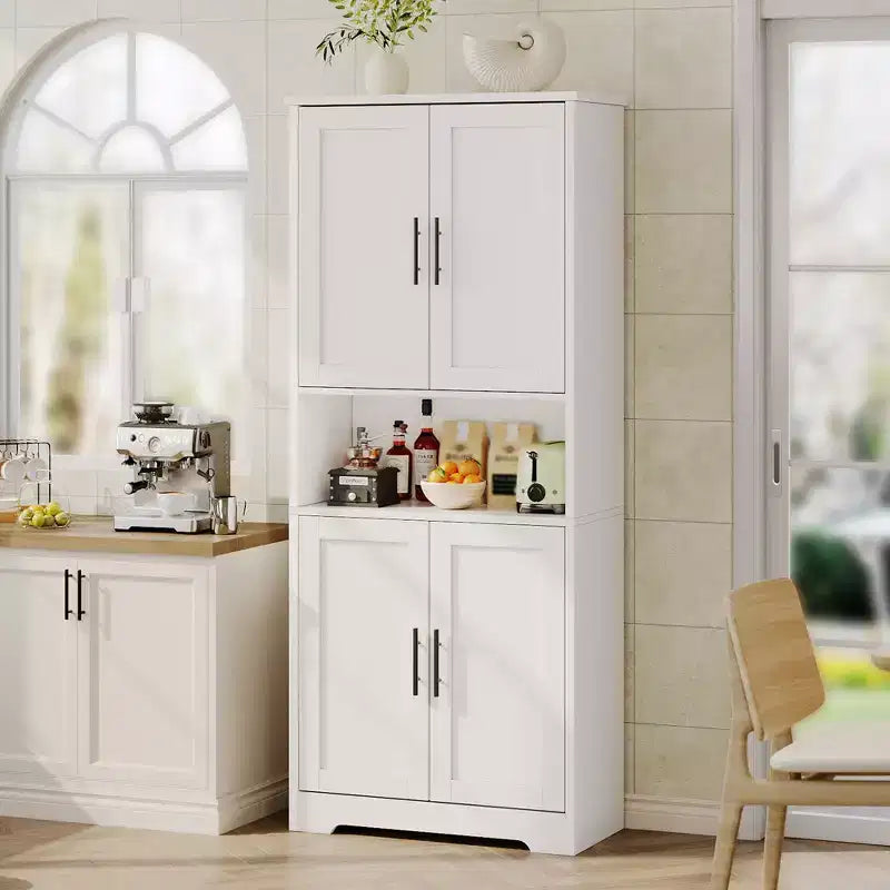 70in Tall Kitchen Pantry Cabinet, Freestanding Storage Cabinet with 4 Doors and Adjustable Shelves, Large Utility Wooden Coffee Bar Cabinet