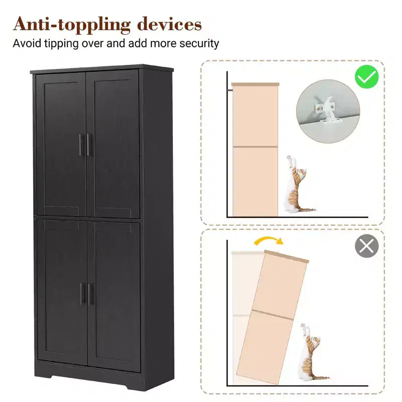 70in Tall Kitchen Pantry Cabinet, Freestanding Storage Cabinet with 4 Doors and Adjustable Shelves, Large Utility Wooden Coffee Bar Cabinet