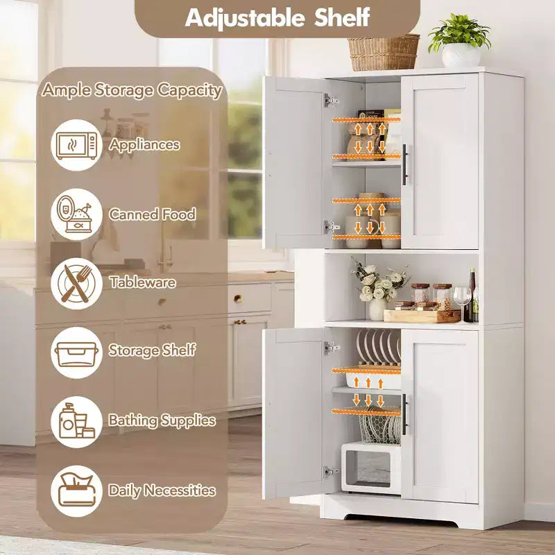 70in Tall Kitchen Pantry Cabinet, Freestanding Storage Cabinet with 4 Doors and Adjustable Shelves, Large Utility Wooden Coffee Bar Cabinet