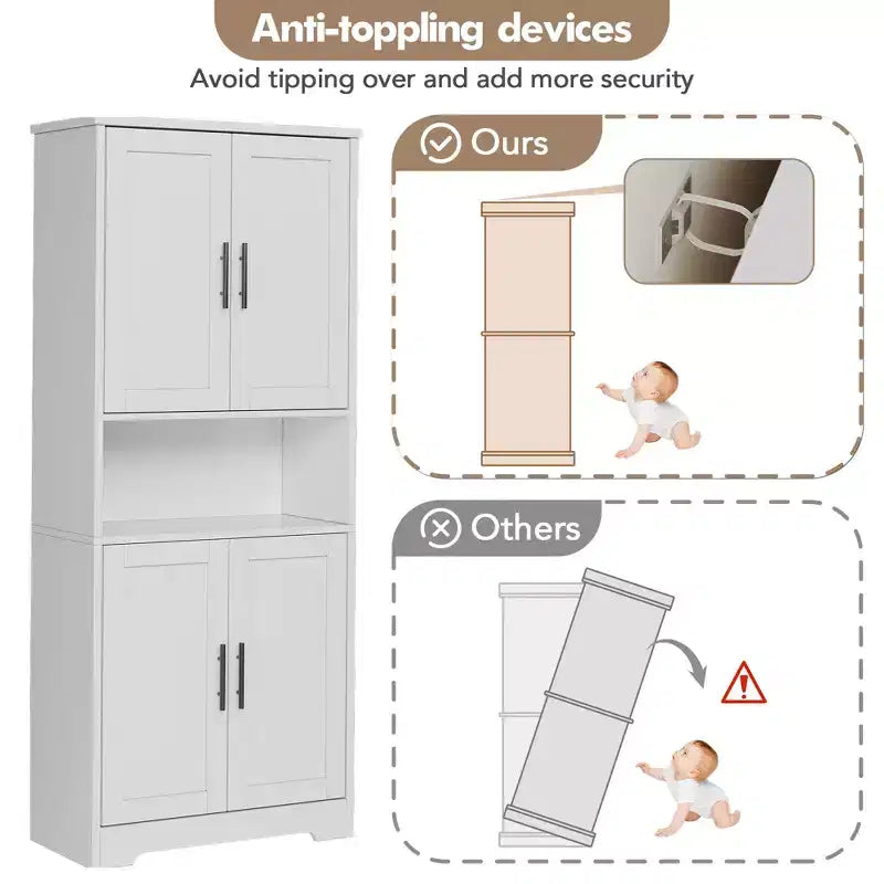 70in Tall Kitchen Pantry Cabinet, Freestanding Storage Cabinet with 4 Doors and Adjustable Shelves, Large Utility Wooden Coffee Bar Cabinet