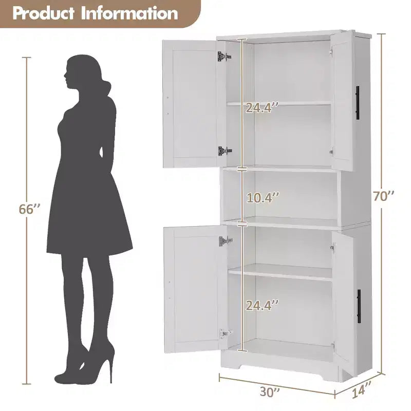 70in Tall Kitchen Pantry Cabinet, Freestanding Storage Cabinet with 4 Doors and Adjustable Shelves, Large Utility Wooden Coffee Bar Cabinet