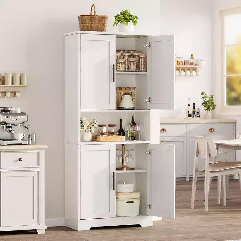70in Tall Kitchen Pantry Cabinet, Freestanding Storage Cabinet with 4 Doors and Adjustable Shelves, Large Utility Wooden Coffee Bar Cabinet
