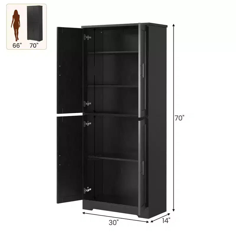 70in Tall Kitchen Pantry Cabinet, Freestanding Storage Cabinet with 4 Doors and Adjustable Shelves, Large Utility Wooden Coffee Bar Cabinet