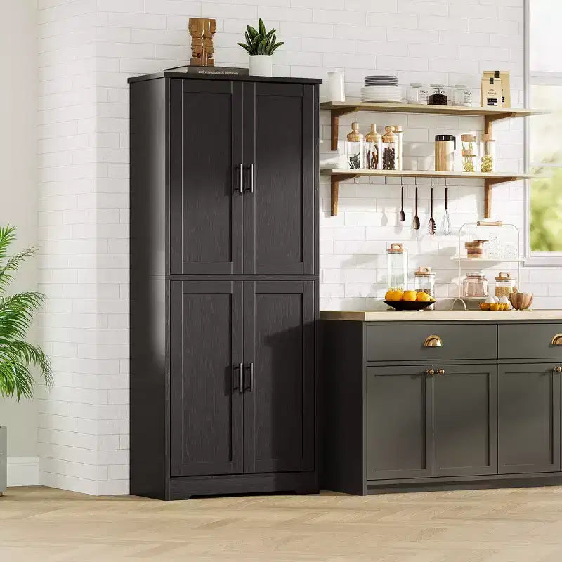 70in Tall Kitchen Pantry Cabinet, Freestanding Storage Cabinet with 4 Doors and Adjustable Shelves, Large Utility Wooden Coffee Bar Cabinet