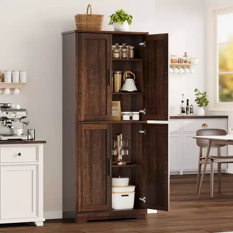 70in Tall Kitchen Pantry Cabinet, Freestanding Storage Cabinet with 4 Doors and Adjustable Shelves, Large Utility Wooden Coffee Bar Cabinet