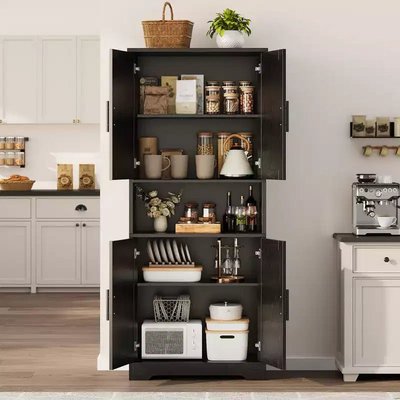 70in Tall Kitchen Pantry Cabinet, Freestanding Storage Cabinet with 4 Doors and Adjustable Shelves, Large Utility Wooden Coffee Bar Cabinet