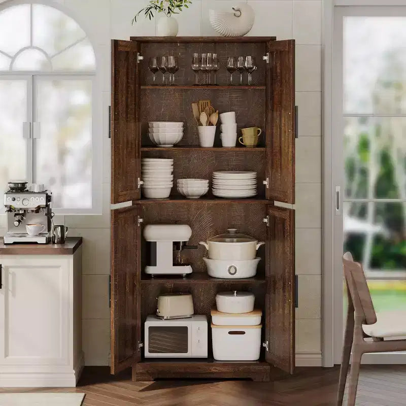 70in Tall Kitchen Pantry Cabinet, Freestanding Storage Cabinet with 4 Doors and Adjustable Shelves, Large Utility Wooden Coffee Bar Cabinet