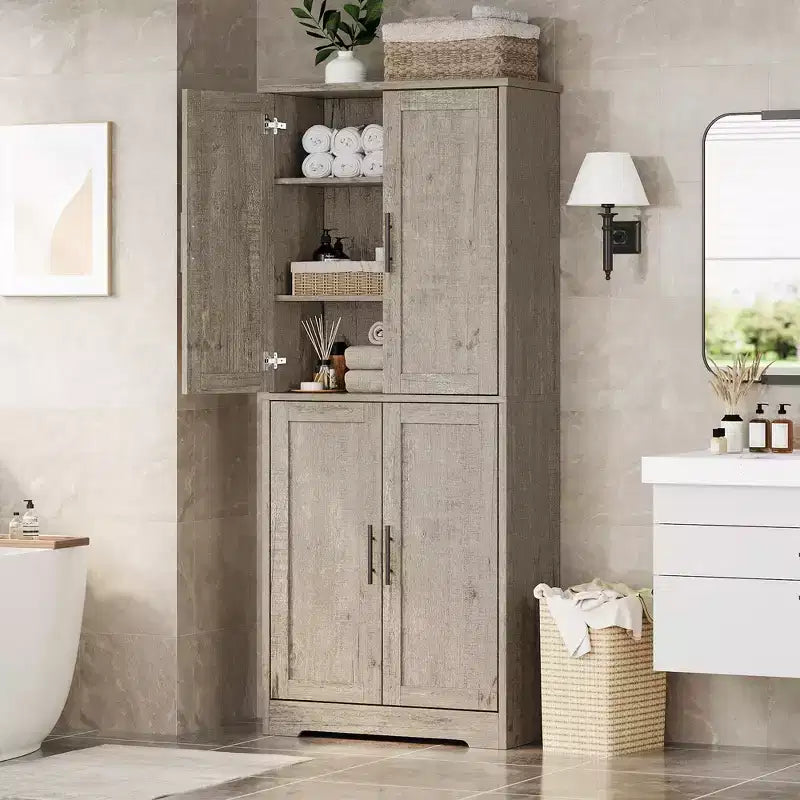 70in Tall Kitchen Pantry Cabinet, Freestanding Storage Cabinet with 4 Doors and Adjustable Shelves, Large Utility Wooden Coffee Bar Cabinet