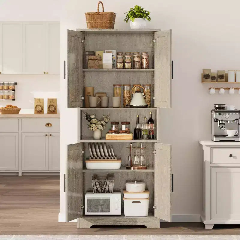 70in Tall Kitchen Pantry Cabinet, Freestanding Storage Cabinet with 4 Doors and Adjustable Shelves, Large Utility Wooden Coffee Bar Cabinet