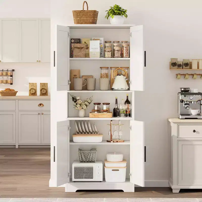 70in Tall Kitchen Pantry Cabinet, Freestanding Storage Cabinet with 4 Doors and Adjustable Shelves, Large Utility Wooden Coffee Bar Cabinet