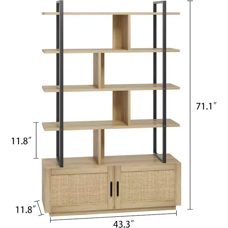 71" 5-Tier Rattan Bookshelf with Cabinet & Door, Metal Frame Industrial Bookcase for Living Room & Bedroom