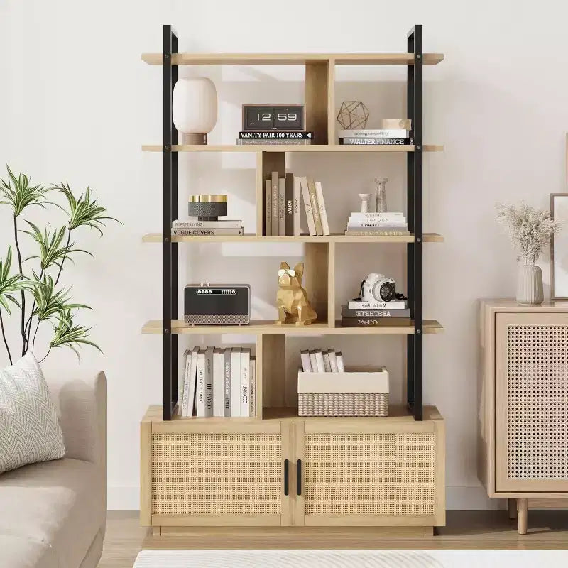 71" 5-Tier Rattan Bookshelf with Cabinet & Door, Metal Frame Industrial Bookcase for Living Room & Bedroom