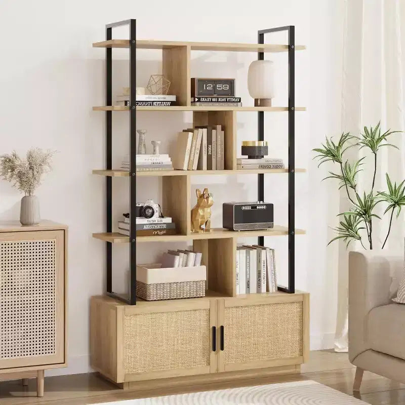 71" 5-Tier Rattan Bookshelf with Cabinet & Door, Metal Frame Industrial Bookcase for Living Room & Bedroom