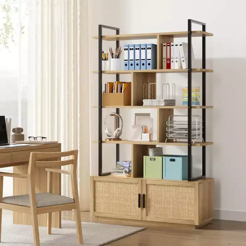 71" 5-Tier Rattan Bookshelf with Cabinet & Door, Metal Frame Industrial Bookcase for Living Room & Bedroom