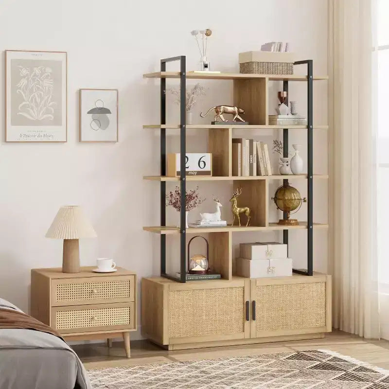 71" 5-Tier Rattan Bookshelf with Cabinet & Door, Metal Frame Industrial Bookcase for Living Room & Bedroom