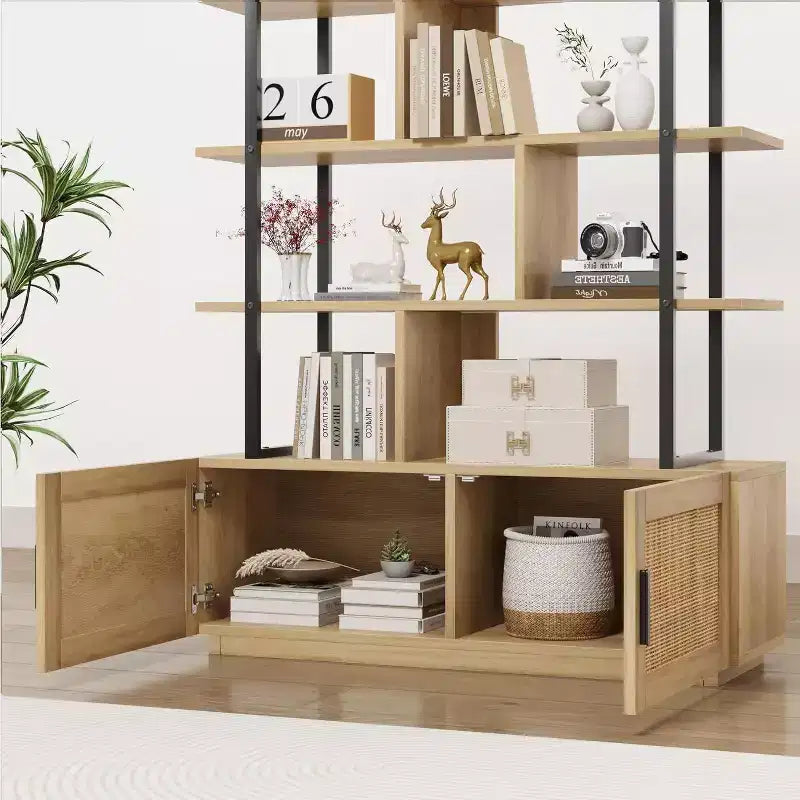 71" 5-Tier Rattan Bookshelf with Cabinet & Door, Metal Frame Industrial Bookcase for Living Room & Bedroom