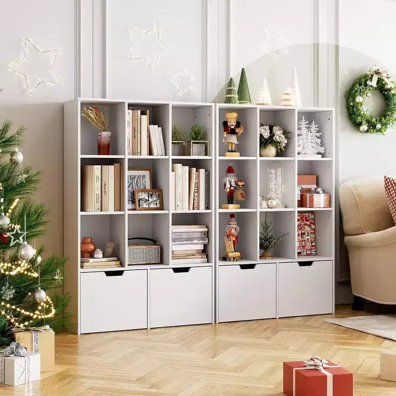 9-Cube Storage Organizer with 2 Drawers, 3-Tier White Bookshelf for Kids Room, Living Room, Office & Bedroom
