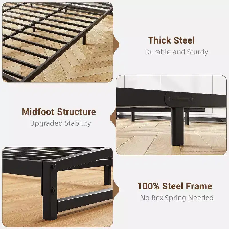 Metal Bed Frame, Low Profile Platform w/Steel Slats, No Box Spring Needed, Easy Assembly, Black