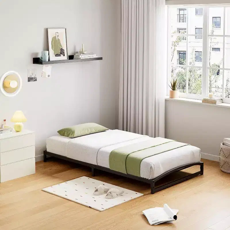 Metal Bed Frame, Low Profile Platform w/Steel Slats, No Box Spring Needed, Easy Assembly, Black