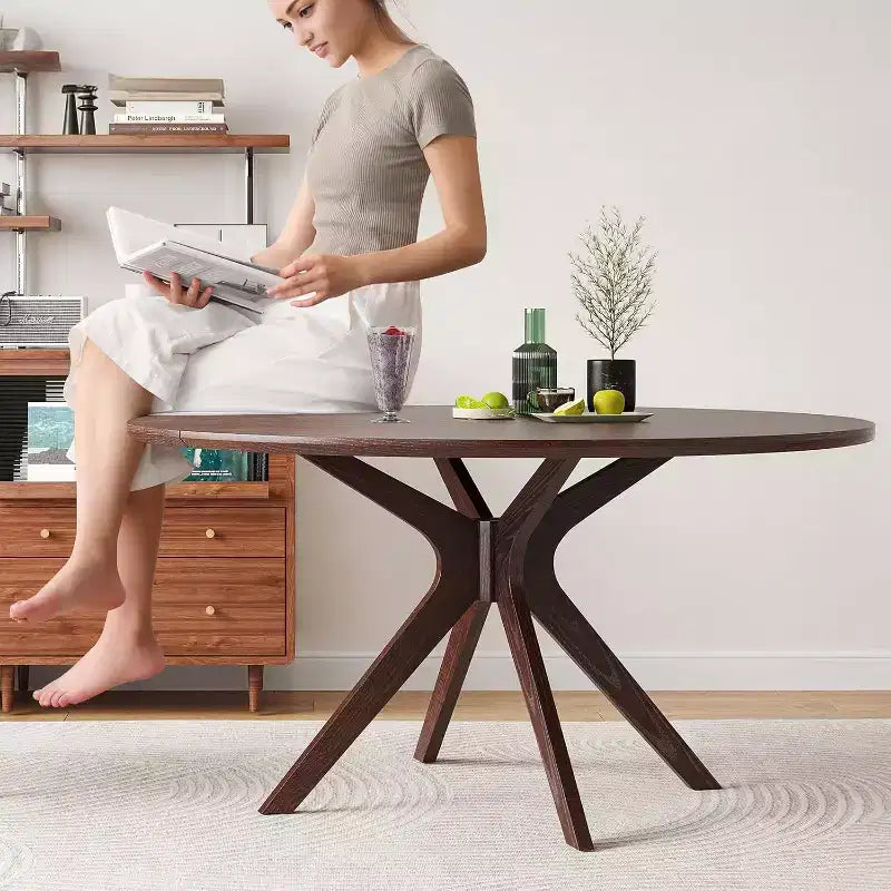 47.2 Solid Wood Round Dining Kitchen Table for 4-6 People Modern Farmhouse Dining Room Tables for Dinette Restaurant Walnut