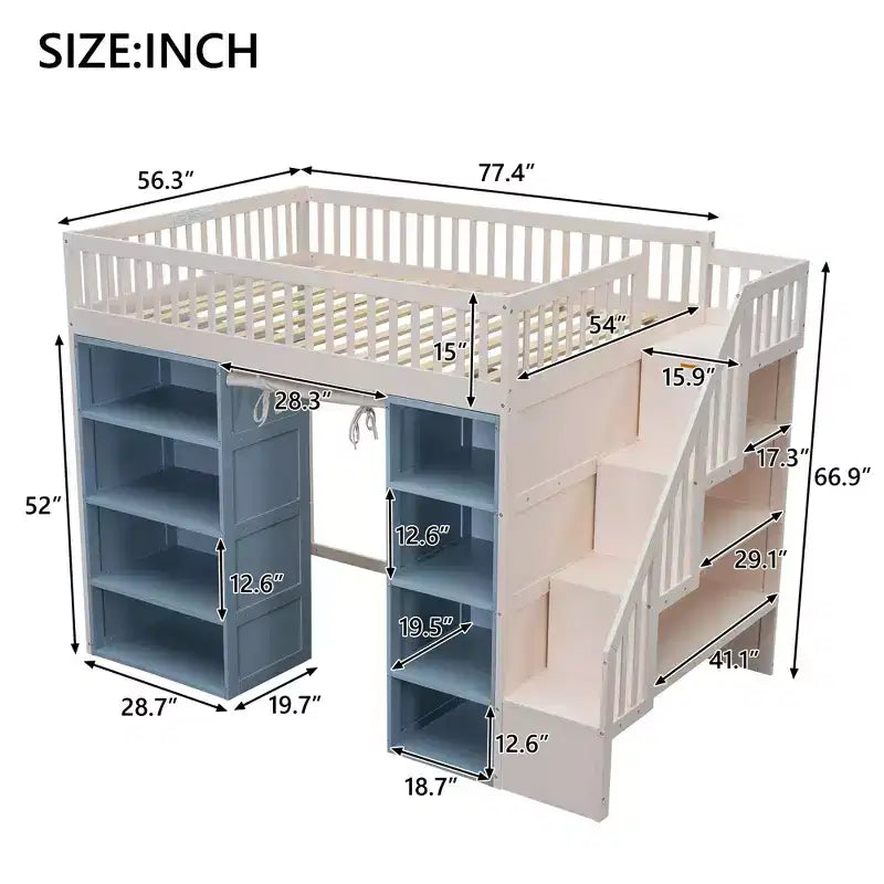 Full Size Loft Bed with Storage Cabinets & Curtain - White and Blue