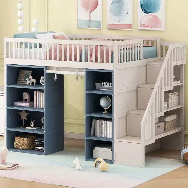 Full Size Loft Bed with Storage Cabinets & Curtain - White and Blue