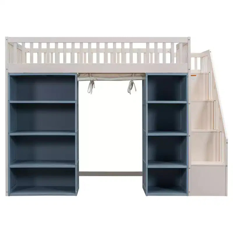 Full Size Loft Bed with Storage Cabinets & Curtain - White and Blue