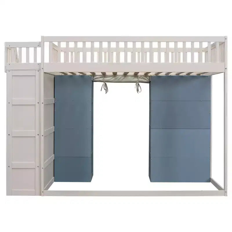 Full Size Loft Bed with Storage Cabinets & Curtain - White and Blue