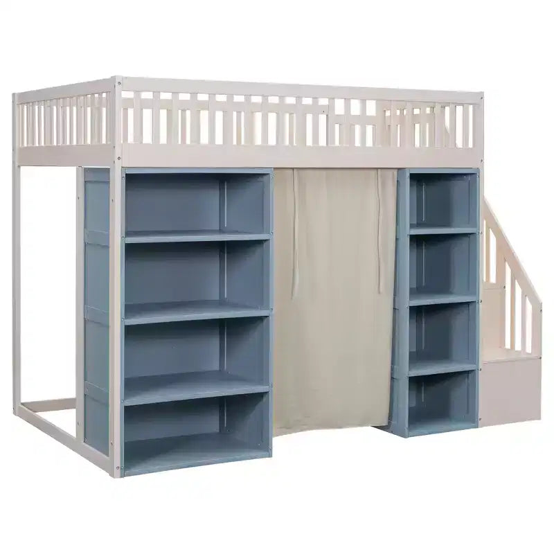 Full Size Loft Bed with Storage Cabinets & Curtain - White and Blue