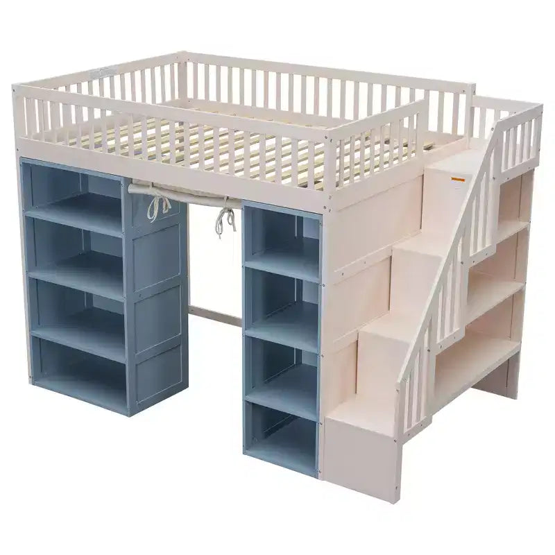 Full Size Loft Bed with Storage Cabinets & Curtain - White and Blue