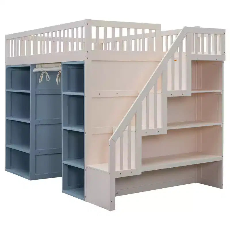 Full Size Loft Bed with Storage Cabinets & Curtain - White and Blue