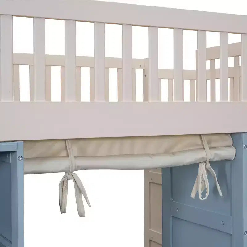 Full Size Loft Bed with Storage Cabinets & Curtain - White and Blue