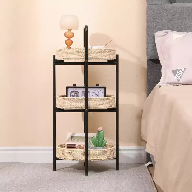 3 Tier Paper Rope Woven Tray Table Oval Storage Basket Shelves for Living Room Kitchen Natural