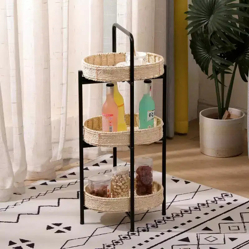 3 Tier Paper Rope Woven Tray Table Oval Storage Basket Shelves for Living Room Kitchen Natural