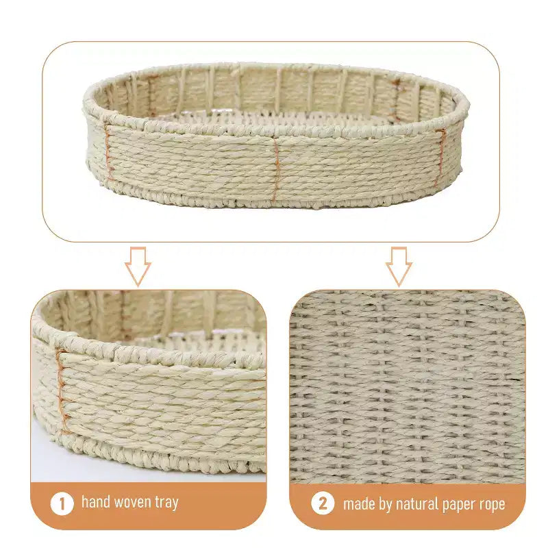 3 Tier Paper Rope Woven Tray Table Oval Storage Basket Shelves for Living Room Kitchen Natural