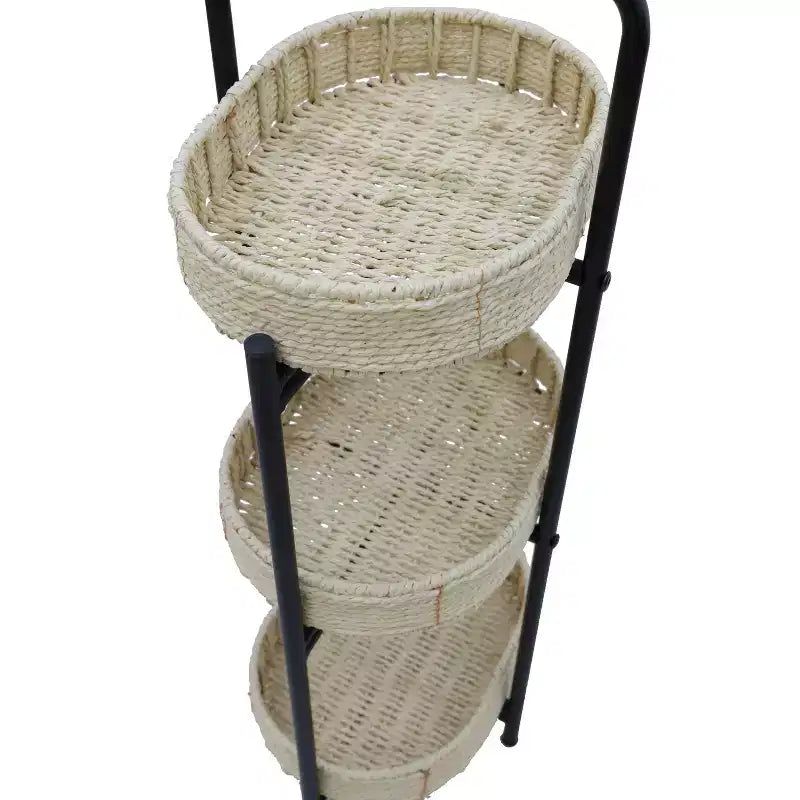 3 Tier Paper Rope Woven Tray Table Oval Storage Basket Shelves for Living Room Kitchen Natural