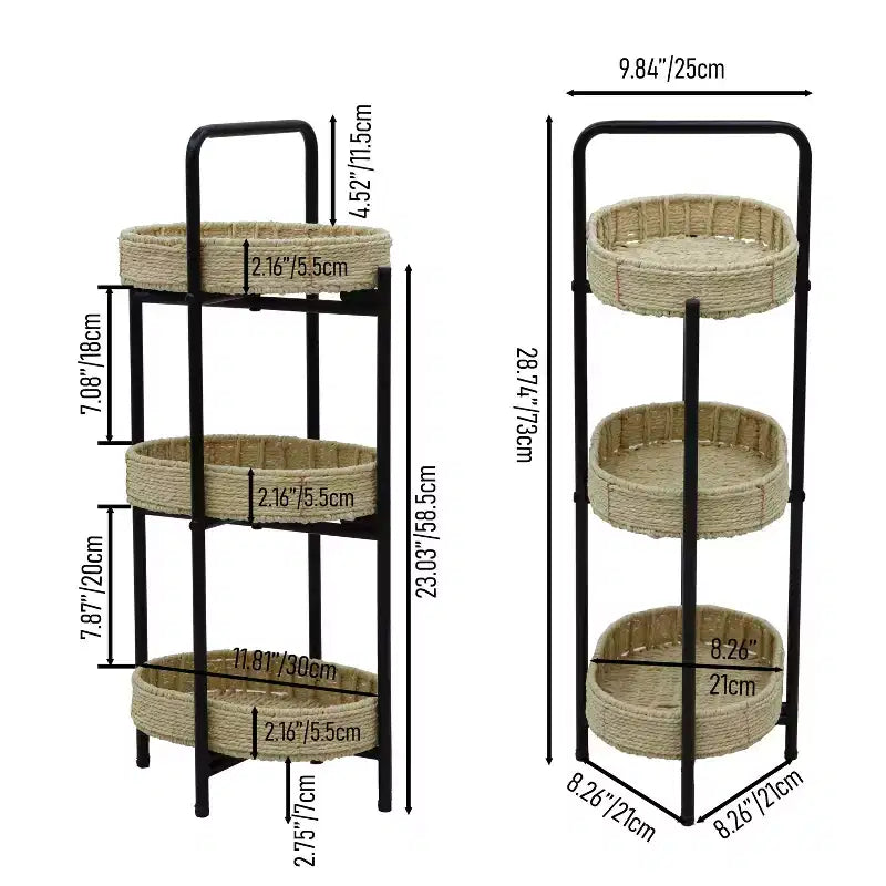 3 Tier Paper Rope Woven Tray Table Oval Storage Basket Shelves for Living Room Kitchen Natural