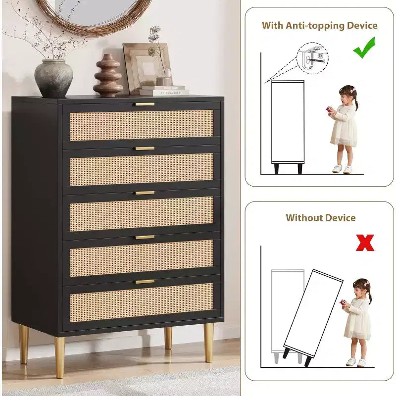 Rattan 5 Drawer Dresser 44 Tall Narrow Chest, Black Farmhouse Wooden Vertical Dresser with Metal Legs & Handles for Bedroom & Living Room