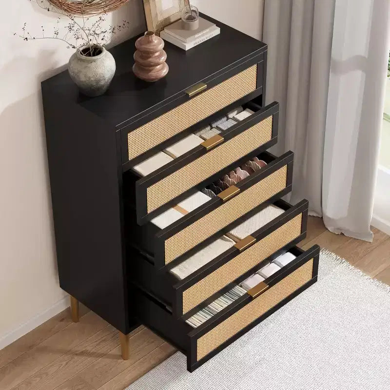 Rattan 5 Drawer Dresser 44 Tall Narrow Chest, Black Farmhouse Wooden Vertical Dresser with Metal Legs & Handles for Bedroom & Living Room