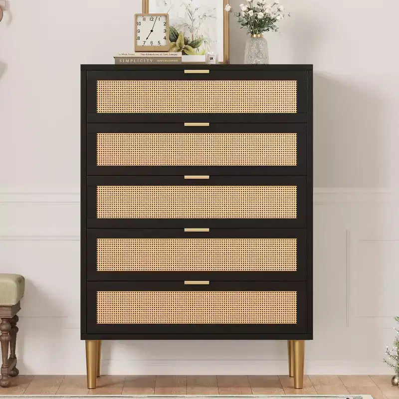 Rattan 5 Drawer Dresser 44 Tall Narrow Chest, Black Farmhouse Wooden Vertical Dresser with Metal Legs & Handles for Bedroom & Living Room