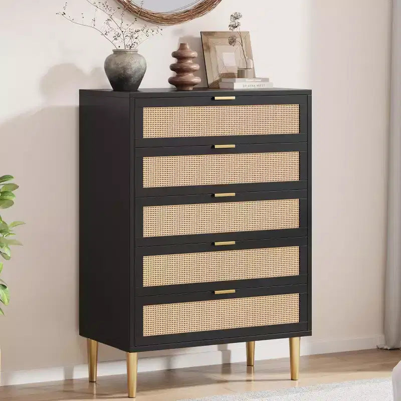 Rattan 5 Drawer Dresser 44 Tall Narrow Chest, Black Farmhouse Wooden Vertical Dresser with Metal Legs & Handles for Bedroom & Living Room