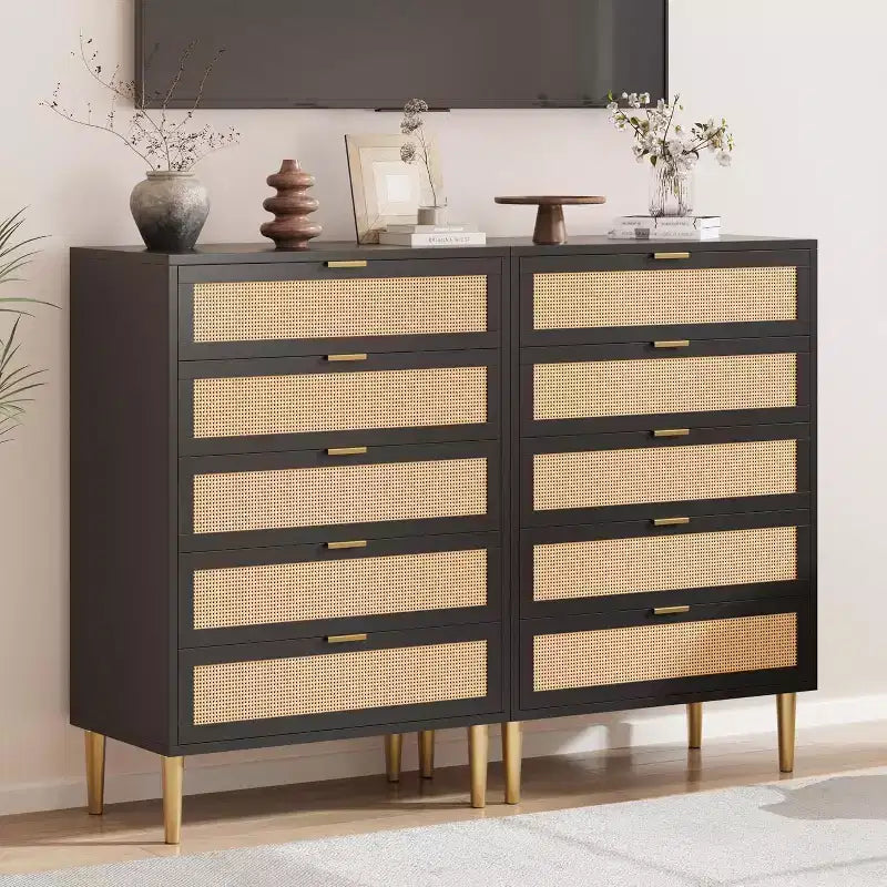 Rattan 5 Drawer Dresser 44 Tall Narrow Chest, Black Farmhouse Wooden Vertical Dresser with Metal Legs & Handles for Bedroom & Living Room