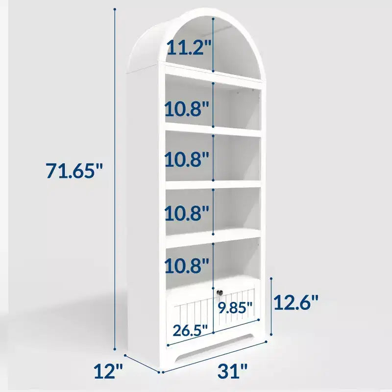 71 Tall Arched Pantry, 6-Tier Freestanding Storage Cabinet with Drawer, Modern White Book Shelf with Open Shelves & Anti-Tipping Design