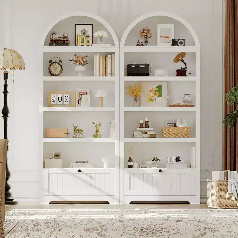 71 Tall Arched Pantry, 6-Tier Freestanding Storage Cabinet with Drawer, Modern White Book Shelf with Open Shelves & Anti-Tipping Design