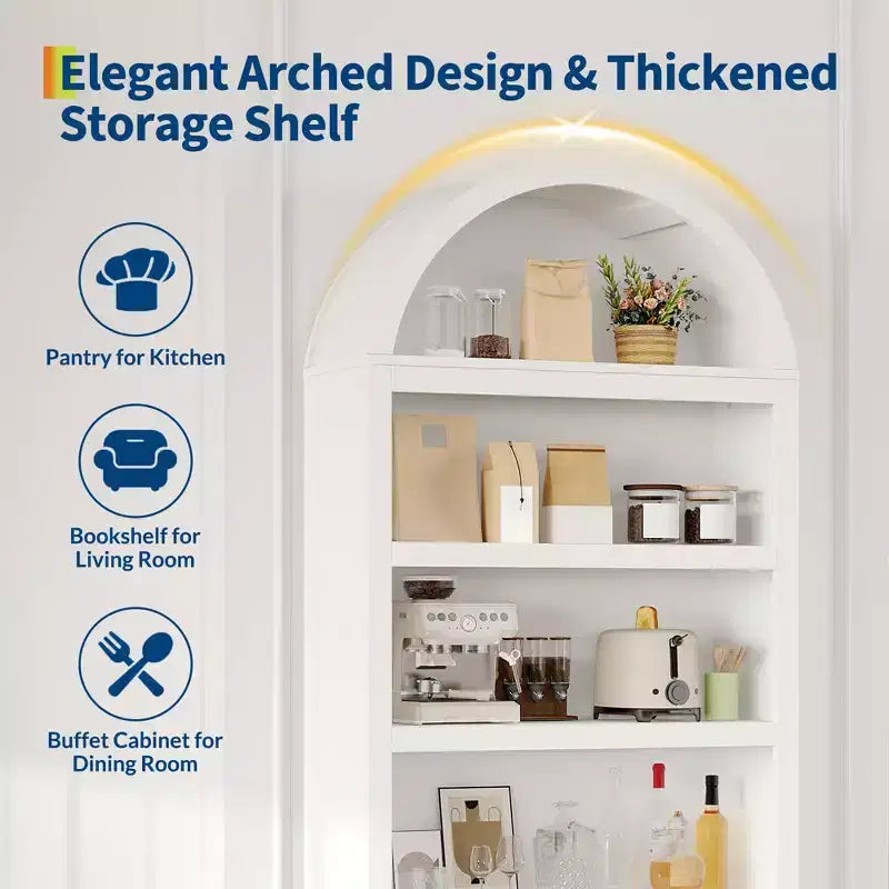 71 Tall Arched Pantry, 6-Tier Freestanding Storage Cabinet with Drawer, Modern White Book Shelf with Open Shelves & Anti-Tipping Design