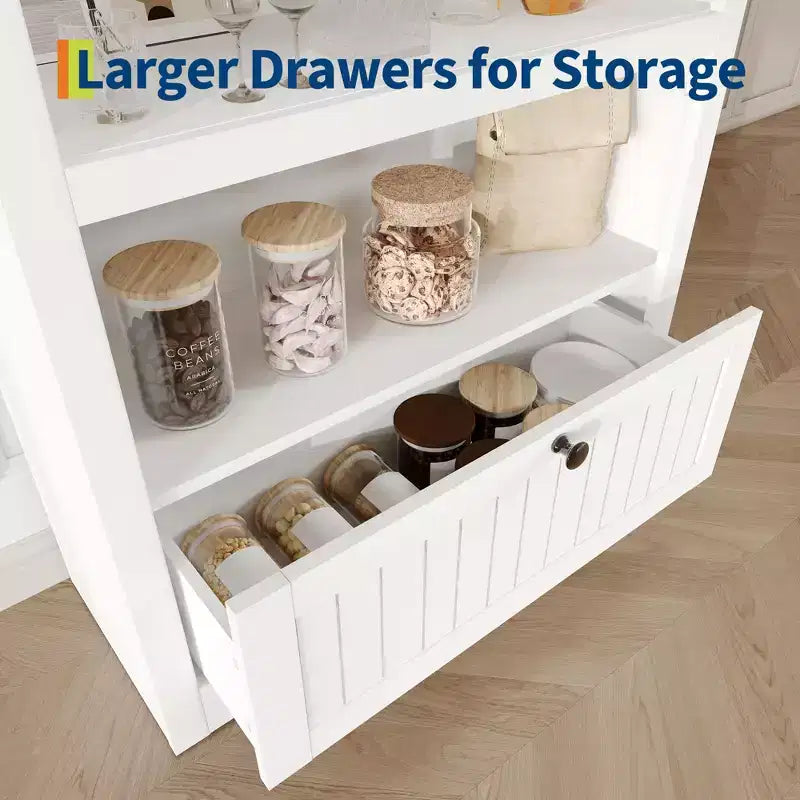 71 Tall Arched Pantry, 6-Tier Freestanding Storage Cabinet with Drawer, Modern White Book Shelf with Open Shelves & Anti-Tipping Design